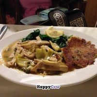 Great vegan food! I had the 'chicken' piccata (attached photo).  Served with spinach & garlic mashed potatoes. Delicious! But the best was dessert. Pecan pie and vanilla gelato. To die for! Really!
It is pricey, but worth it.  at Adama in Santa Barbara
