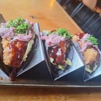 Three barbeque battered cauliflower tacos. at The Canary in Leeds