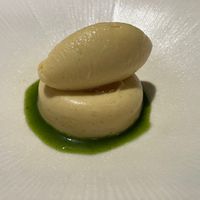 Mirabelle plum ice cream pistachio panna cotta, salted caramel, basil gel at Opasly Tom in Warsaw