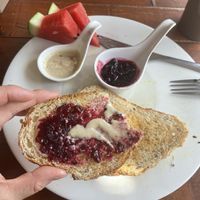 Still part of the vegan breakfast. The tahini and jam are homemade. Delicious    at Peak Cafe in Koh Lanta