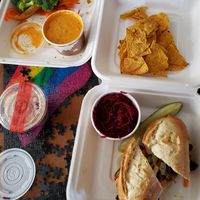 Banh mi sandwich, beet slaw, chips and cashew queso at Sweet Melissa Cafe in Laramie