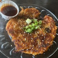 Kimchi pancake + sweet gochujang sauce  at Sweet Melissa Cafe in Laramie