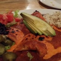 enchilada platter with vegan cashew cheese and avocado instead of sour cream at Sweet Melissa Cafe in Laramie