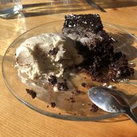 Vegan ice cream and chocolate cake, in the process of being destroyed at Sweet Melissa Cafe in Laramie
