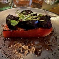 Grilled watermelon and roasted beetss  at Mereva in Tulum
