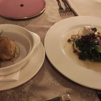 Starters, left potato and right vegan cheese with eggplant at The Four Rooms of Mrs. Safija in Sarajevo