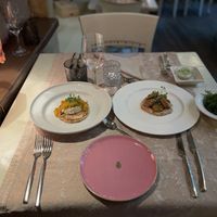 Left: pumpkin starter Right: falafel with hummus and rocket side  at The Four Rooms of Mrs. Safija in Sarajevo