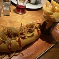 Hot dog and salt death chips   at Hard Rock Cafe in Newcastle Upon Tyne