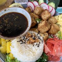 Crispy tofu poke bowl with coconut rice  at Eduardos Hideaway in Noord