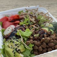 Soba noodle bowl with teriyaki sauce minced soy balls  at Eduardos Hideaway in Noord
