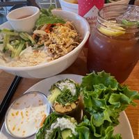 Tempeh fresh rolls, booch, salad, elderberry tea!  at Chau Veggie Express in Vancouver