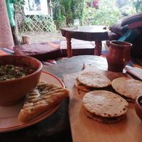 Beetroot soup with focaccia and quesadillas with homemade vegan cashew cheeze at The Emporium in San Marcos La Laguna
