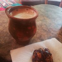 Cacao-coffee and Coco macaroon. Yum! at The Emporium in San Marcos La Laguna