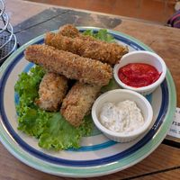 5 huge vegan mozzarella sticks - yum! at The Emporium in San Marcos La Laguna