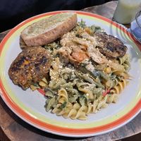 Pasta with macadamia sauce and garlic bread  at The Emporium in San Marcos La Laguna