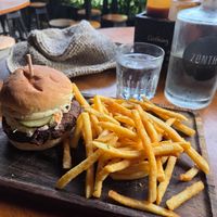 Falafel burger w/fries at Kooks Smokehouse and Bar in Santa Teresa