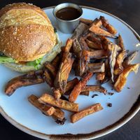 Veg burger with sweet potato fries   at RED LENTIL in Sharon
