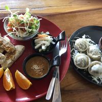Delicious tofu and satay sauce, salad  with pickled vegies and mushroom dumplings 👌  at Home No.8 in Krabi