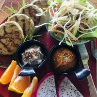 Falafel with roasted pepper sauce and hommus   at Home No.8 in Krabi