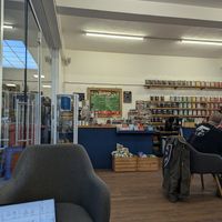 Counter with fridge full of sandwiches at Bird & Blend Tea Co in Worthing