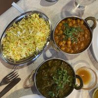 Saag aloo, channa masala and pilau rice   at Jaipur Indian Restaurant in Fuerteventura