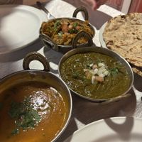 Mushroom bhaji, saag bhaji, curry sauce, roti  at Jaipur Indian Restaurant in Fuerteventura