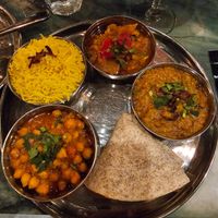 Vegan thali. The mango sorbet came out separately after I'd eaten all this to prevent it from melting. at Chaat Indian Tapas & Lounge in West Kirby