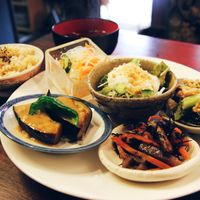 Japanese lunch plate with miso soup and refillable brown rice and  at Sujata in Kyoto
