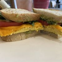 Breakfast sandwich on sourdough   at Bread + Roses in Hyannis