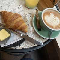 Croissant with vegan butter and red fruit jelly (not shown here): tasty and flaky. The chai latte with oatmilk was very good as well. at Anne&Max in Apeldoorn