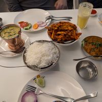 Yellow dahl, plain rice, masala chips, mushroom tikka masala at Chowpaty in Nairobi