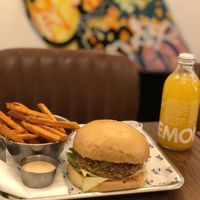 Sweet potato fries, seitan burger and spicy mayo  at Jimmy's Street Food in Paris