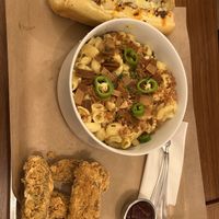 Sub sandwich (our favourite thing on the menu) loaded Mac and cheese, and chicken tenders   at Jimmy's Street Food in Paris