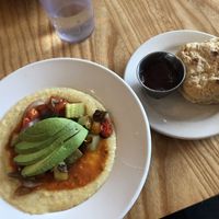Veggie grits and a biscuit  at Dulce Vegan Bakery and Cafe in Atlanta