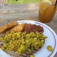 Plant based scrambled tofu with beans and hash browns  at The Breakfast Club in East London