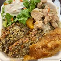 Small plate with salad, coconut curry soy chunks, lentil loaf, cheesy potatoes, spinach rice   at Eden's Vegan Eatery in St Croix