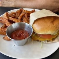 Burger and sweet potato fries   at Veggie Grill - Farmers Market in Los Angeles