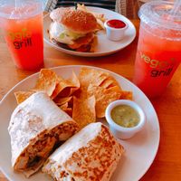 Chicken burrito and Beyond Burger at Veggie Grill - Farmers Market in Los Angeles