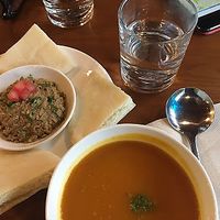 Pumpkin soup & vegetable pate with pitta breads. at Chīsù De - Veggie Table in Beijing