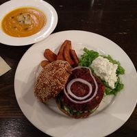 Southwest Bean Burger and Pumpkin Soup at Veggie Table at Chīsù De - Veggie Table in Beijing
