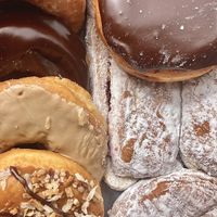 All vegan flavors: glazed, chocolate frosted, maple, samoa, boston cream, and lemon-filled   at Neil's Donuts in Middletown