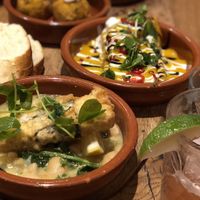 Tofish, sweet potato with mango, paella balls   at SaltHouse in North Shields