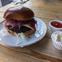 Vegan burger, vegan mayo, ketchup at The Collab in East London