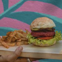 Mother Earth burger with homemade vegan buns from the pizza oven next door!  at Jungle SV in El Tunco