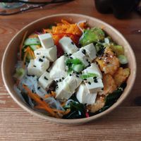 vegan sushi bowl: rice, glass noodles, wakame, tofu, avocado, carrot, cucumber, fried sweet potato, green onion at Sushi Place in Jerusalem