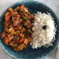 “Jardineira de seitan - seitan with vegetables and white rice   at Praia Da Alagoa in Porto Da Cruz