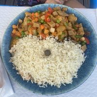 Seitan with vegetables and rice  at Praia Da Alagoa in Porto Da Cruz