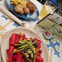 beetroot noodles with vegetables and potatoes with salad and I think vegetable frikadel at Fala Fala in Funchal