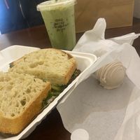 Biscoff Matcha,  Pesto Avocado Sandwich, Vanilla Cake Ball  at Moo's Bakery in Cedar Falls