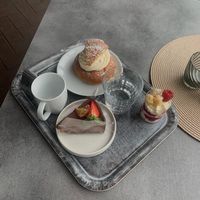 Vegan chocolate cake and desert + non-vegan Semla at Tropikhuset in Linkoping